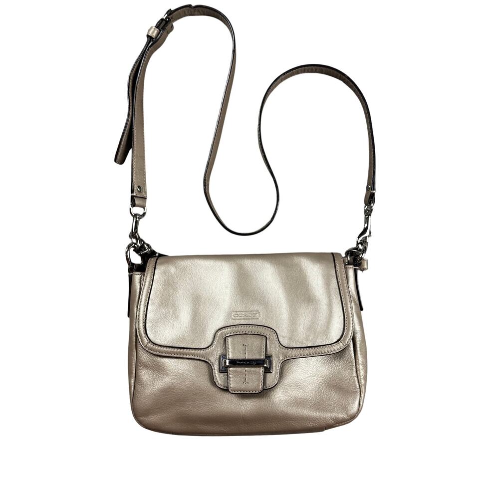 Coach Taylor Flap Leather Crossbody Bag Metallic Champagne - Picture 1 of 13